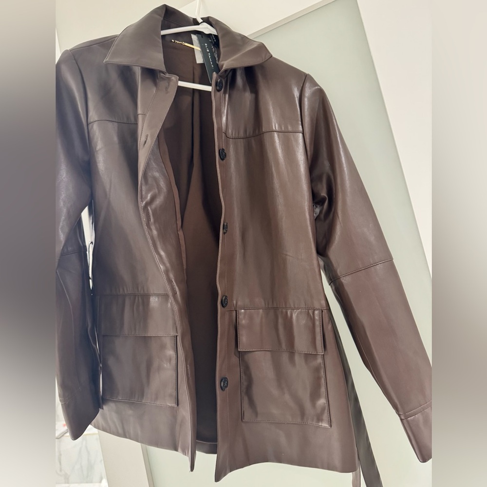 ELIE TAHARI
Belted Faux Leather Shirt Jacket Women's Brown vegan Jacket size xs - Picture 3 of 9